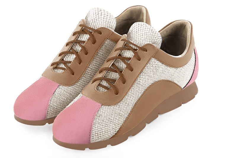 Carnation pink and natural beige women's three-tone elegant sneakers. Round toe. Flat rubber soles. Front view - Florence KOOIJMAN